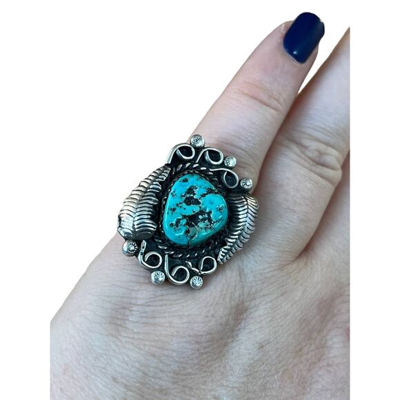 Vintage Turquoise Sterling Silver Leaf Native American Navajo Ring Sz 6.5 - Picture 2 of 9